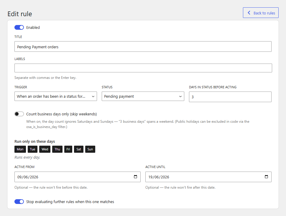Order Status Automation: Time-in-status rules add a day count and a business-days option