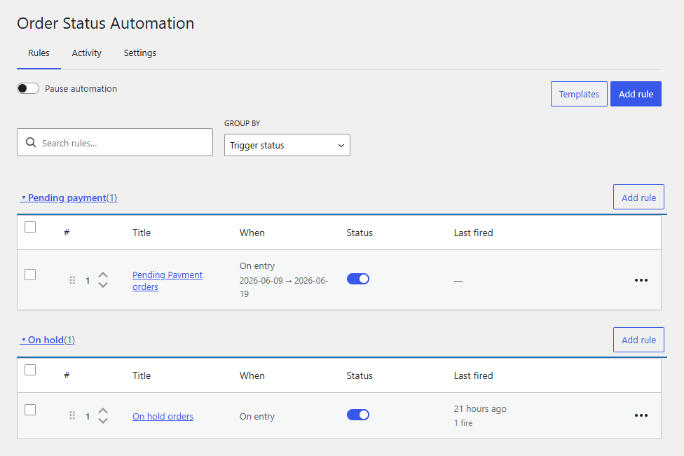 Order Status Automation in the WordPress admin